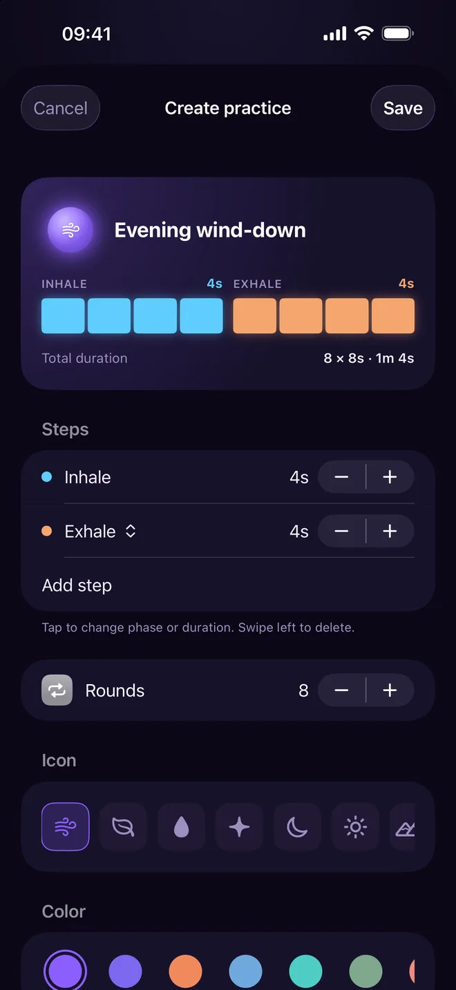 Create practice screen: a custom Evening wind-down with a 4-second inhale and a 4-second exhale, 8 rounds for 1 minute 4 seconds, and rows of icons and colours to pick from