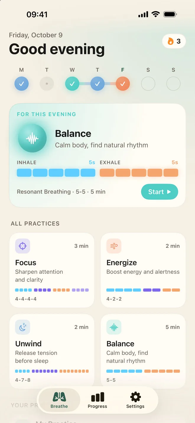 The Hale home screen in the light theme: cream background, the week strip, Balance suggested for this evening and the four practice cards