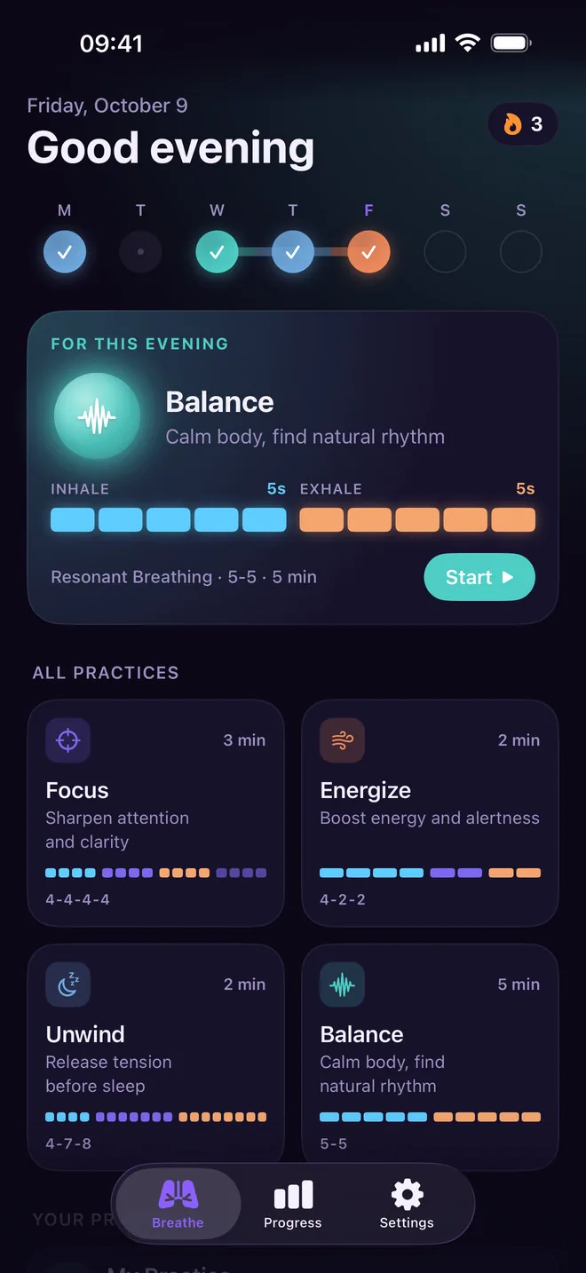 Hale home screen in the evening: a week strip with a 3-day streak, Balance suggested for this evening with its 5-second inhale and exhale bar, and cards for Focus, Energize, Unwind and Balance