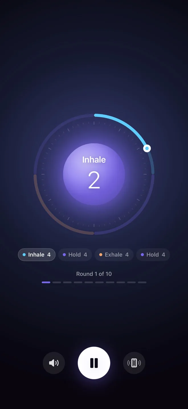 A Focus session in progress: the ring split into inhale, hold, exhale and hold, the orb reading Inhale 2, round 1 of 10